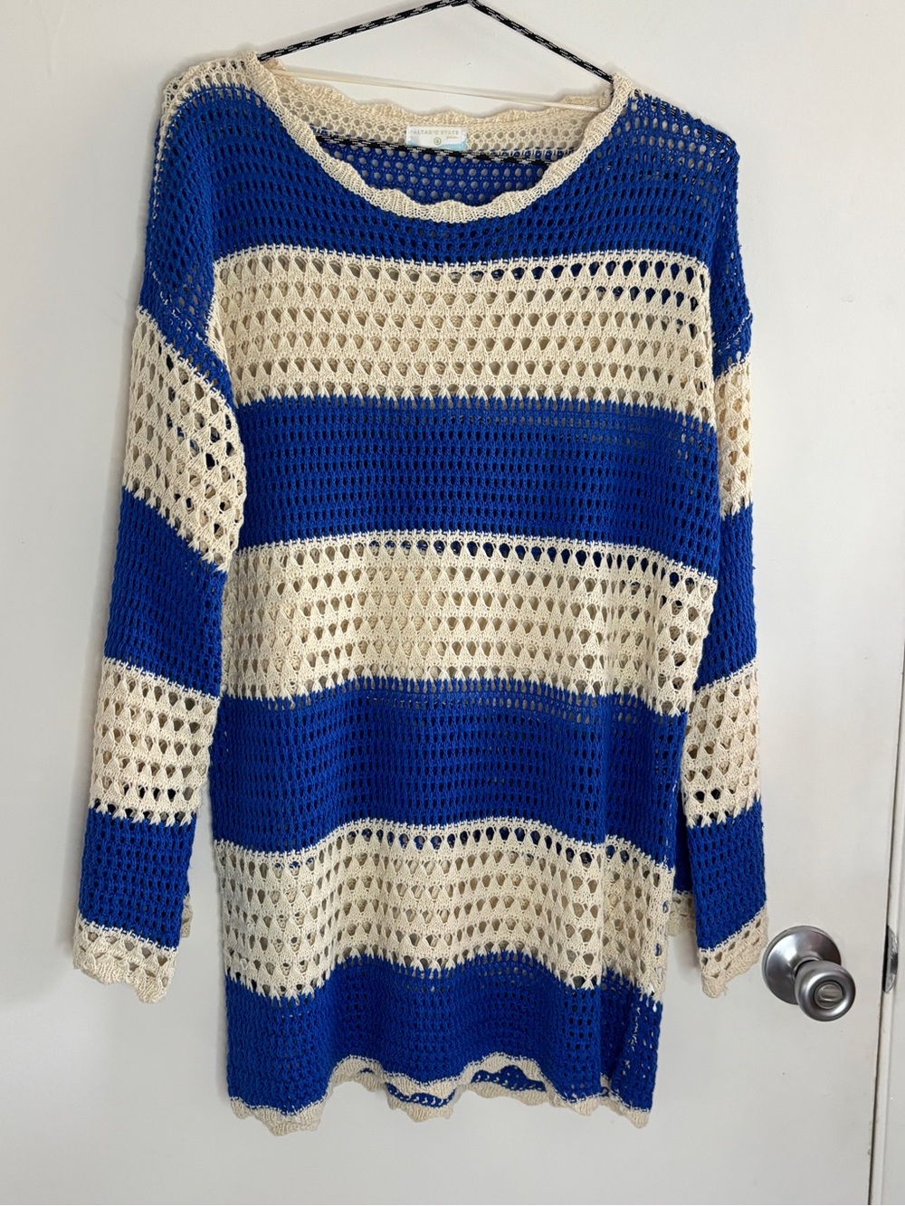 Altar'd State Cream Cobalt Blue Striped Crochet Knit Flare Sleeve Swim Cover Up